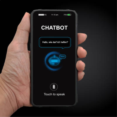 Eine Hand hält ein Smartphone, auf dem eine Chatbot-Schnittstelle angezeigt wird. Der Bildschirm zeigt eine Sprechblase mit deutschem Text: "Hallo, wie darf ich helfen?" und ein Mikrofonsymbol mit der Aufforderung "Touch to speak" darunter, was die Voice Agent-Funktion hervorhebt.