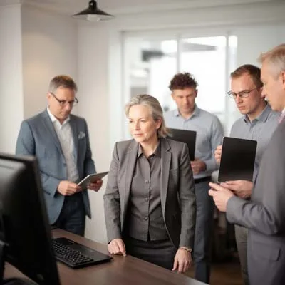 Eine Geschäftsfrau im grauen Anzug steht unentschlossen an einem Schreibtisch und analysiert eine Online-Strategie auf ihrem Computerbildschirm, während vier männliche Kollegen mit Tablets und Notizblöcken das komplexe Projekt in der hellen Büroumgebung diskutieren.