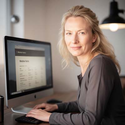 Eine Frau mit blonden Haaren sitzt an einem Schreibtisch und schaut betrübt in die Kamera, während sie einen Desktop-Computer benutzt und feststellt, dass ihre Angebote nicht im Internet zu finden sind.