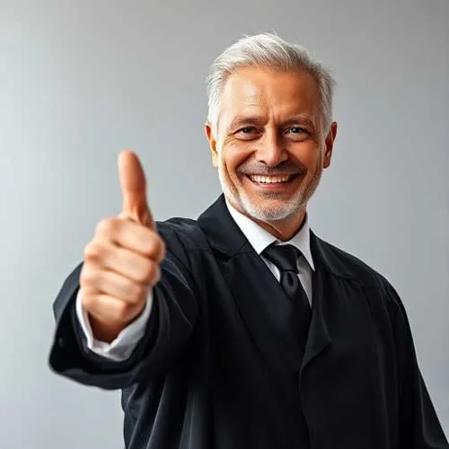 Ein lächelnder älterer Anwalt mit grauem Haar, der eine schwarze Richterrobe und Krawatte trägt, steht vor einem schlichten Hintergrund und zeigt mit einer Daumen-nach-oben-Geste in Richtung der Kamera, freut sich über die neue Website der Kanzlei.