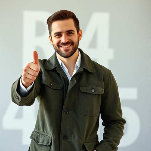 Ein lächelnder Archithekt mit dunklen Haaren und einem Bart, der eine grüne Jacke trägt, steht in einem Haus und zeigt den Daumen nach oben. Der Archithekt freut sich auf neue Website.