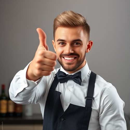 Ein lächelnder Barkeeper in weißem Hemd, schwarzer Fliege und Schürze streckt in einem Restaurant den Daumen nach oben, freut sich sichtlich über coole Website umd die lebhafte Gastro-Szene zu zeigen.