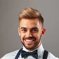 Ein lächelnder junger Mann mit ordentlich frisiertem hellbraunem Haar, gestutztem Bart und Schnurrbart, gekleidet wie ein professioneller Barkeeper in einem hellblauen Hemd und einer schwarzen Fliege, steht vor einem schlichten grauen Hintergrund.