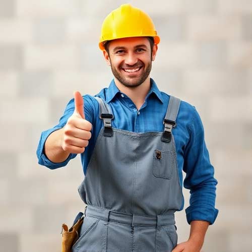 Ein lächelnder Bauarbeiter mit gelbem Schutzhelm und blauem Hemd zeigt den Daumen hoch. Er freut sich auf moderne Website und zeigt seine Begeisterung für das Handwerk und Bau.