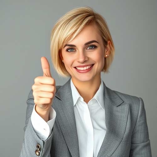 Ein lächelnder Berater mit kurzen blonden Haaren, der einen hellgrauen Blazer und ein weißes Hemd trägt, zeigt den Daumen nach oben vor einem schlichten grauen Hintergrund und freut sich auf eine neue Website.