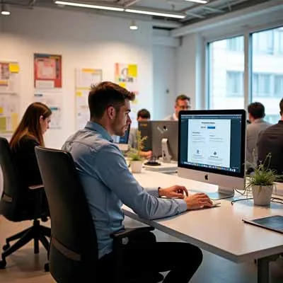 Menschen arbeiten an Schreibtischen in einem modernen, hellen Büro. Ein Mann im Vordergrund konzentriert sich auf die Erstellung von Inhalten für soziale Medien an seinem Schreibtisch, umgeben von Dokumenten und kleinen Pflanzen. Andere arbeiten im Hintergrund in der Nähe großer Fenster und Wandtafeln.