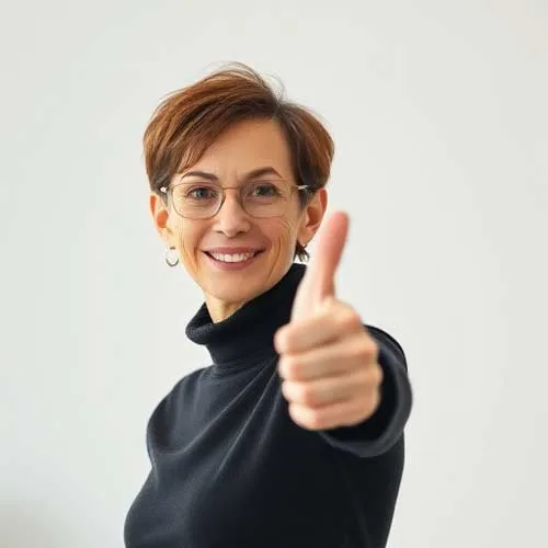 Eine Frau mit Brille und schwarzem Rollkragenpullover, die buch autor ist, lächelt und zeigt den Daumen nach oben wegen neuer Website.