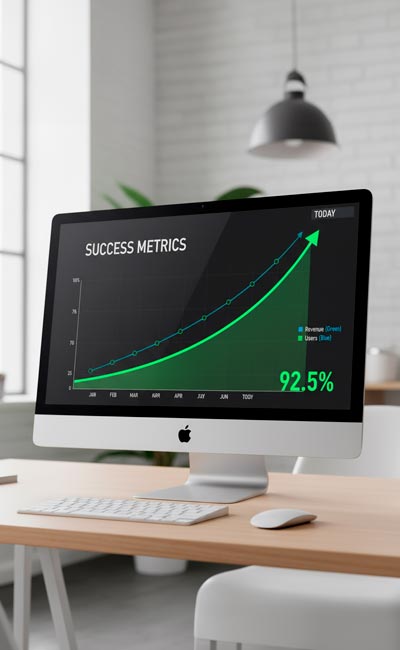 Ein iMac auf einem Schreibtisch zeigt ein Diagramm mit der Aufschrift "Success Metrics" (Erfolgskennzahlen Werbung) mit zwei nach oben verlaufenden Linien. Die grüne Linie für den Umsatz steigt steil an und endet bei 92,5 %, während auch die blaue Linie für die Nutzer ansteigt.