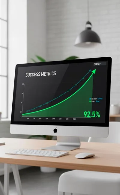 Ein iMac auf einem Schreibtisch zeigt ein Diagramm mit der Aufschrift "Success Metrics" (Erfolgskennzahlen Werbung) mit zwei nach oben verlaufenden Linien. Die grüne Linie für den Umsatz steigt steil an und endet bei 92,5 %, während auch die blaue Linie für die Nutzer ansteigt.