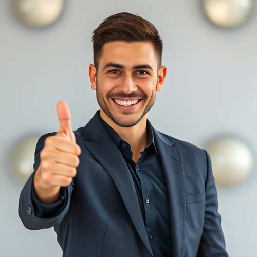 Ein lächelnder Personal Coach in einem dunklen Anzug zeigt den Daumen nach oben. Er hat kurzes braunes Haar und steht vor einem unscharfen Hintergrund mit kreisförmigen Formen und freut sich über die "neue Website".