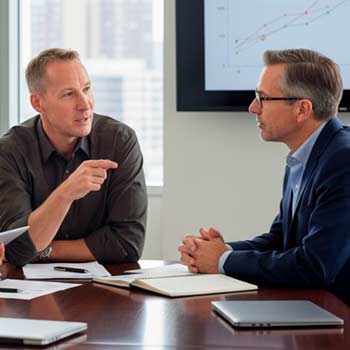 Zwei Männer in Geschäftskleidung sitzen an einem Konferenztisch und diskutieren über "Ziele erarbeiten" und "Das Geschäftsmodell verstehen", mit geöffneten Notebooks und Laptops vor sich. Im Hintergrund ist ein Bildschirm zu sehen, auf dem ein Diagramm angezeigt wird.