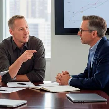 Zwei Männer in Geschäftskleidung sitzen an einem Konferenztisch und diskutieren über "Ziele erarbeiten" und "Das Geschäftsmodell verstehen", mit geöffneten Notebooks und Laptops vor sich. Im Hintergrund ist ein Bildschirm zu sehen, auf dem ein Diagramm angezeigt wird.