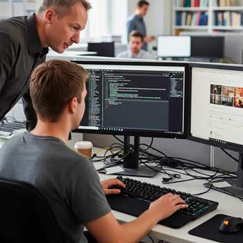 Zwei Männer in einem Büro, der eine sitzt und programmiert auf zwei Monitoren, konzentriert auf Webdesign und CMS Entwicklung, während der andere daneben steht und beobachtet. Im Hintergrund arbeiten andere Leute, auf dem Schreibtisch steht eine Kaffeetasse.