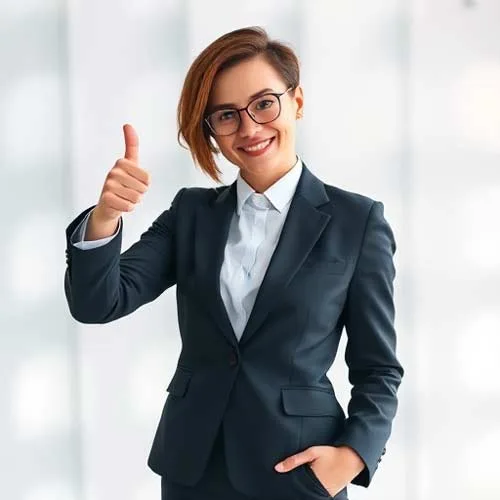Eine lächelnde Person im dunklen Anzug und zeigt mit einer Hand den Daumen nach oben - perfekt für die Präsentation einer seriösen neuen Website für die Hervorhebung von Finanz- und Anlageberatung.