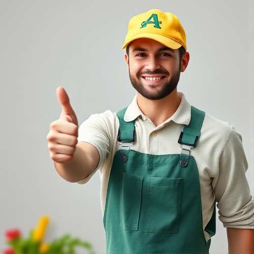 Ein lächelnder Landschaftsgärtner, der eine gelbe Mütze und einen grünen Overall trägt, zeigt mit einer Geste den Daumen nach oben und freut sich über neue Website.