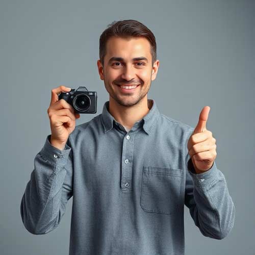 Ein lächelnder Gutachter hält eine Kamera in der einen Hand und zeigt mit der anderen den Daumen nach oben, während er sich auf eine moderne Kfz Sachverständiger Website freut.