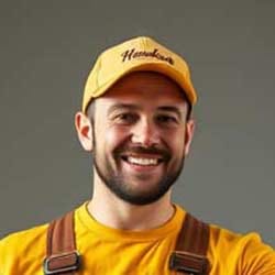 Ein lächelnder Handwerker mit Bart trägt eine gelbe Mütze mit Aufschrift, ein gelbes Hemd und braune Hosenträger und steht vor einem schlichten grauen Hintergrund.