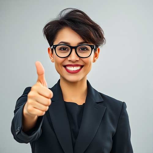 Ein lächelnder Immobilien Markler mit kurzen dunklen Haaren und Brille, gekleidet in einem schwarzen Blazer, gibt vor hellem Hintergrund einen Daumen hoch - sie freut sich auf moderne Website.