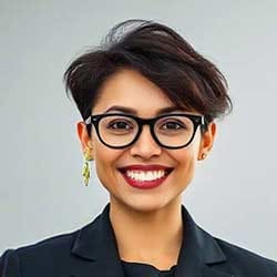 Eine lächelnde Marklerin mit kurzen dunklen Haaren, die eine schwarze Brille, goldene Ohrringe und einen dunklen Blazer trägt, steht vor einem schlichten hellgrauen Hintergrund.