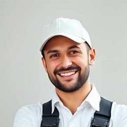 Ein lächelnder Installateur mit weißer Mütze, weißem Hemd und dunklen Hosenträgern steht vor einem schlichten hellen Hintergrund und blickt in die Kamera.