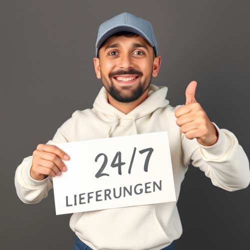 Ein lächelnder Logistiker hält ein Schild mit der Aufschrift 24/7 LIEFERUNGEN und zeigt den Daumen nach oben, perfekt für jede Website einer Spedition.