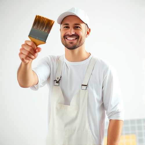 Ein lächelnder Maler in weißer Latzhose und Mütze hält einen Pinsel in die Kamera. Er steht in einem hell erleuchteten Raum mit unscharfem Hintergrund. Er freut sich über die neue Website.