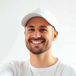 Ein lächelnder Malermeister mit Bart und Schnurrbart trägt eine weiße Mütze und ein weißes Hemd und steht vor einem schlichten weißen Hintergrund.