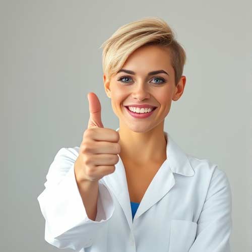 Eine lächelnde Person mit kurzen blonden Haaren, zeigt mit einer Geste den Daumen nach oben vor einem hellen Hintergrund, freut sich auf neue Website und strahlt Wellness aus.