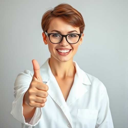Eine Frau mit Brille lächelt und zeigt den Daumen nach oben, freut sich auf moderne Website für Ihren Pflegedienst, sie arbeite auch als Haushaltshilfe.