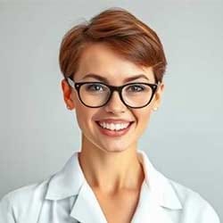 Eine junge Frau mit kurzen braunen Haaren und Brille, die einen weißen Laborkittel trägt, lächelt vor einem schlichten hellgrauen Hintergrund in die Kamera - eine Professionalität, die man oft bei einem Pflegedienst sieht.