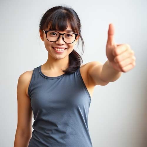 Eine lächelnde junge Frau mit Brille und einem ärmellosen grauen Oberteil zeigt den Daumen nach oben - freut sich über eine neue Website ihrer Physiotherapiepraxis.