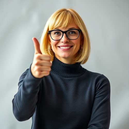 Eine lächelnde Frau mit blondem Haar und Brille, die einen schwarzen Rollkragenpullover trägt, zeigt den Daumen nach oben - freut sich auf die neue Psycholog Praxis-Website.