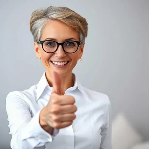 Lächelnde Frau mit kurzen grauen Haaren und Brille, die den Daumen nach oben streckt. Sie steht für erfolgreiche Steuerberatung und hofft neue Mandanten durch moderne Website.