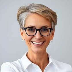 Eine lächelnde Steuerberaterin mit kurzem, graublondem Haar, schwarzgerahmter Brille und weißem Kragenhemd steht selbstbewusst vor einem schlichten hellgrauen Hintergrund.