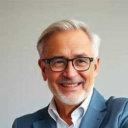 Ein lächelnder älterer Mann mit grauem Haar, Bart und Brille, der eine blaue Anzugsjacke und ein weißes Hemd trägt, der das sympathische Aussehen eines Betreibers einer Vermietung perfekt einfängt.