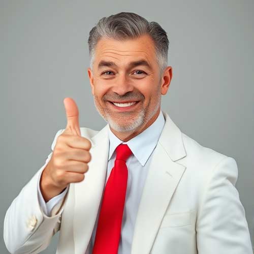 Ein lächelnder Handelsvertreter mit grauem Haar und Bart, in weißem Anzug und roter Krawatte, zeigt den Daumen nach oben vor einem schlichten grauen Hintergrund und freut sich auf eine moderne Website.