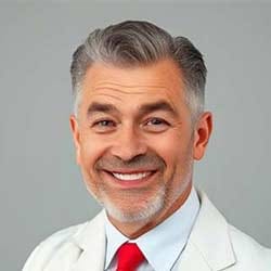 Ein Vertreter mittleren Alters mit grauem Haar und Bart, der einen weißen Mantel, ein hellblaues Hemd und eine rote Krawatte trägt, lächelt warm vor einem schlichten grauen Hintergrund.