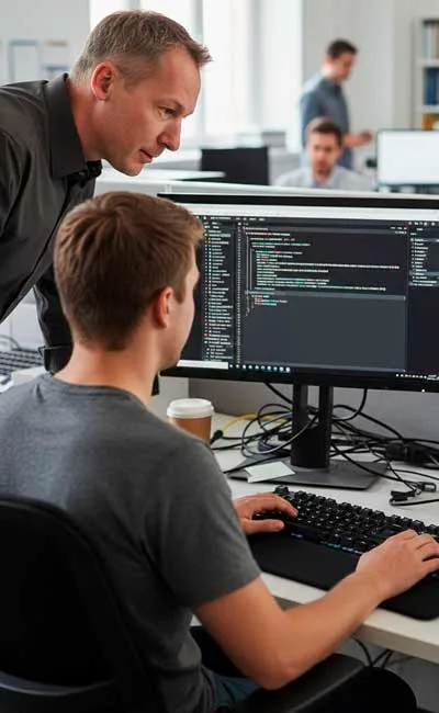 Ein Mann steht und schaut auf einen Computerbildschirm, während ein anderer Mann sitzt und programmiert, wobei er sich auf die Programmierung für einen bevorstehenden Relaunch in einem geschäftigen Büro konzentriert, in dem andere Mitarbeiter an ihren Schreibtischen im Hintergrund arbeiten.