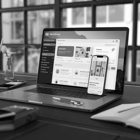 Ein Laptop und ein Smartphone mit Dashboard-Oberfläche stehen auf einem Schreibtisch am Fenster - ein ideales Beispiel für Responsive, modernes Webdesign. Auch Büromaterial, eine Tasse und Bücher sind in dem schwarz-weißen Arbeitsbereich zu sehen.