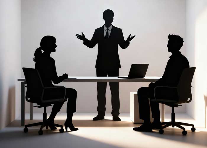 Drei silhouettierte Figuren in einer Büroumgebung: eine steht und gestikuliert, während zwei einander gegenüber an einem Tisch mit einem Laptop sitzen, was auf eine Geschäftsbesprechung zur Analyse von Anforderungen oder zur Beratung hindeutet.