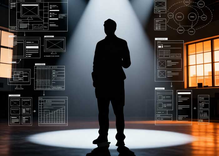 Eine Person steht in einem Scheinwerferlicht in einem Raum, umgeben von projizierten digitalen Schnittstellendiagrammen und Charts, die Themen wie Technologie, Datenanalyse und die Planung der Customer Journey mit passendem UX Design evozieren.