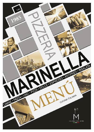 Das Cover der Pizzeria Marinella Speisekarte zeigt schwarze, weiße und goldene Blöcke mit Vintage-Fotos und Texten, die Pasta, Pizza, Wein, Desserts und mehr auflisten. Das moderne, geometrische Design gibt den Ton für ein elegantes Esserlebnis an.