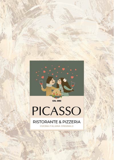 Ein Restaurant S-Speisekarte für Picasso Ristorante & Pizzeria zeigt eine Illustration eines lächelnden Paares mit Pizza und Wein, umgeben von Herzen, auf einem beigefarbenen, strukturierten Hintergrund. Entdecken Sie unsere originale cucina italiana und vielfältige Speisekarte. Text: DAL 2002.