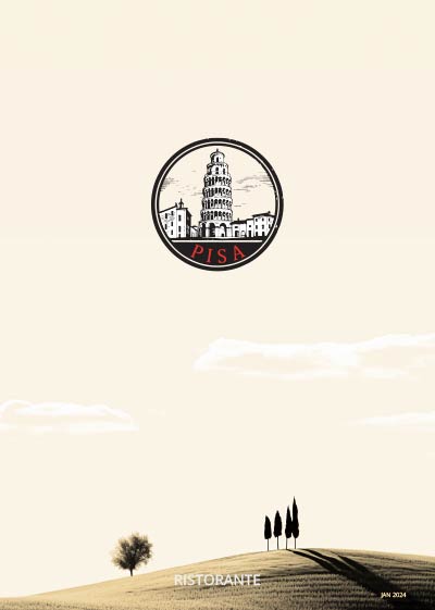 Minimalistische Illustration mit dem Emblem des Turms von Pisa oben, mit stilisierten sanften Hügeln, einem einzelnen Baum und einer Gruppe von Zypressen unten - perfekt für die Speisekarte einer Pizzeria. Das Wort "RISTORANTE" erscheint unten in der Mitte.