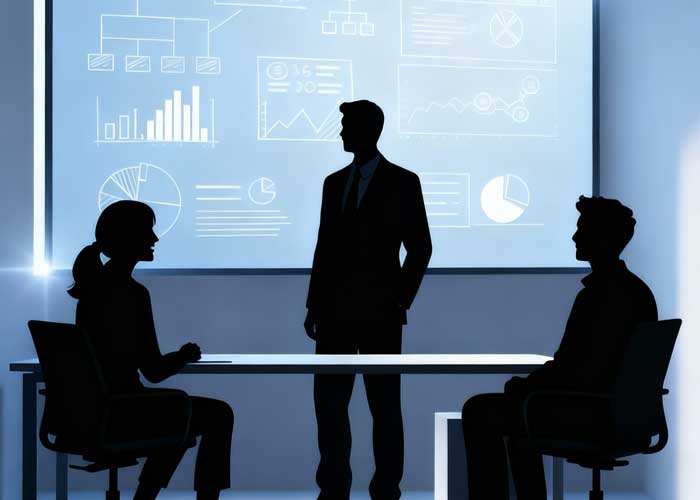 Silhouetten von drei Personen in Geschäftskleidung sitzen und stehen um einen Tisch in einem Besprechungsraum und arbeiten gemeinsam an einem Marketingplan, während im Hintergrund auf einem großen Bildschirm Diagramme und Grafiken angezeigt werden.