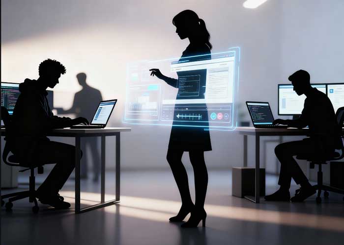 Eine silhouettierte Frau steht vor einem großen, transparenten digitalen Bildschirm, während Frontend- und Backend-Entwickler mit Laptops an Schreibtischen zu beiden Seiten von ihr in einer modernen, hochtechnologischen Büroumgebung arbeiten.