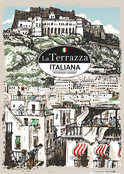 Illustriertes Poster einer italienischen Stadtlandschaft mit Gebäuden in Hanglage, Außenterrassen und gestreiften Markisen - perfekt für individuelle Gastro-Speisekarten-Designs.