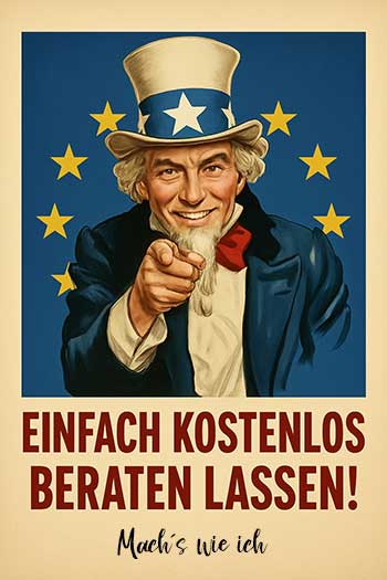 Ein Plakat im Vintage-Stil von Uncle Sam, das auf den Betrachter zeigt, mit einem deutschen Text, der lautet: Einfach kostenlose Marketing Beratung sichern! Mach's wie ich und ermutigt die Leute, sich kostenlose Marketingberatung zu sichern.