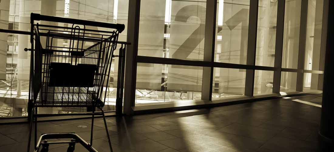 Ein Einkaufswagen steht allein vor großen, sonnenbeschienenen Fenstern und wirft Schatten auf den Fliesenboden. Leere Regale und keine Kunden betonen die Leere.
