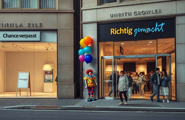 Ein Clown, der bunte Luftballons in der Hand hält, steht vor einem Ladeneingang, während die Leute das Geschäft verlassen. Auf dem Ladenschild steht Richtig gemacht - ein Beispiel für erfolgreiches lokales und Online-Marketing. Nebenan, Chance verpasst.